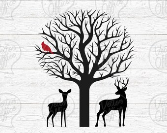 May include: A black silhouette of a bare tree with a cardinal perched on a branch. Two deer silhouettes stand on either side of the tree.