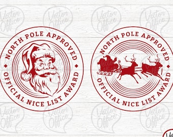 May include: Red and white North Pole Approved Official Nice List Award stamp with a Santa Claus illustration and a reindeer and sleigh illustration.