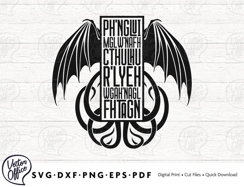 May include: Black and white graphic design featuring a stylized image of a dragon with wings outstretched, holding a rectangular sign with the text "PH'NGUI, MGLW'NAFH, CTHULHU, R'LYEH, WGAH'NAGL, FHTAGN".
