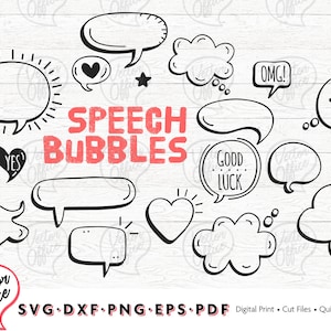 May include: A selection of black and white speech bubbles in diverse forms, with the words "SPEECH BUBBLES" in red. Features bubbles with hearts, stars, and the phrases "OMG!" and "GOOD LUCK".