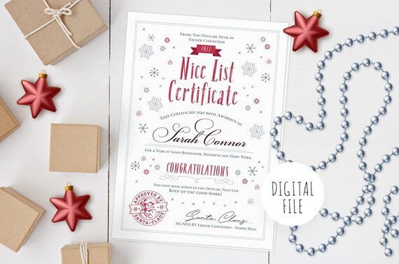 PRINTABLE Personalised Nice List Certificate, PRINTABLE A4, Official North Pole Document, Christmas Eve Box, Christmas, Digital file