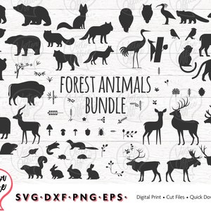 Puede incluir: Una descarga digital de im&aacute;genes en silueta negra de animales del bosque, incluyendo osos, ciervos, zorros, b&uacute;hos y m&aacute;s. Las im&aacute;genes son perfectas para manualidades, scrapbooking y otros proyectos creativos. El texto "FOREST ANIMALS BUNDLE" est&aacute; en la parte superior de la imagen.