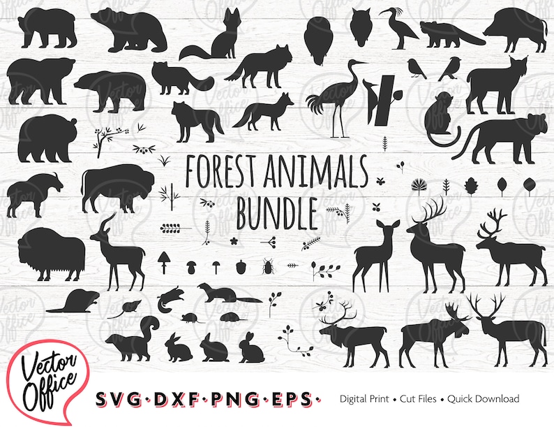 Puede incluir: Una descarga digital de im&aacute;genes en silueta negra de animales del bosque, incluyendo osos, ciervos, zorros, b&uacute;hos y m&aacute;s. Las im&aacute;genes son perfectas para manualidades, scrapbooking y otros proyectos creativos. El texto "FOREST ANIMALS BUNDLE" est&aacute; en la parte superior de la imagen.