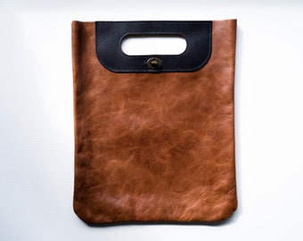 Leather Top Handle Bag. Fit Tablet, iPad, small laptop, document folders bag. Hand made in Portland, Oregon.