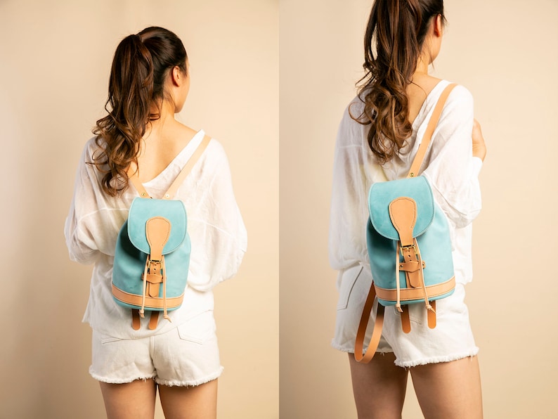 Mini mochila de cuero para el día a día. Personalízala, regalala a ella o a él. Fabricada en Portland, Oregón, EE. UU. Mochila vintage de cuero hecha a mano. imagen 7