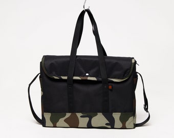 Black/Camo Waterproof Briefcase, Crossbody Professional Bag, Black, Camo, Pastel Business, Student, College, High School, Travel, Structured