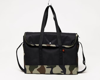 Black/Camo Waterproof Briefcase, Crossbody Professional Bag, Black, Camo, Pastel Business, Student, College, High School, Travel, Structured