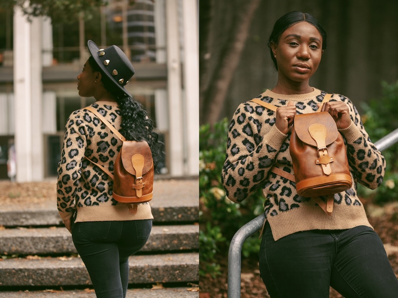 Mini mochila de cuero para el día a día. Personalízala, regalala a ella o a él. Fabricada en Portland, Oregón, EE. UU. Mochila vintage de cuero hecha a mano. imagen 8