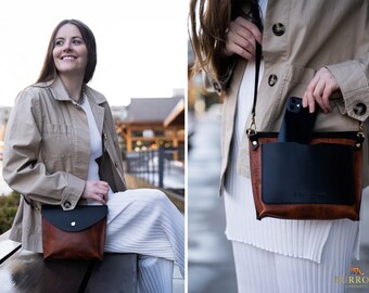 Crossbody Leather Bag, Bi-color, Small Purse, Personalized, Adjustable Strap Made in Portland, Oregon. Summer, Travel