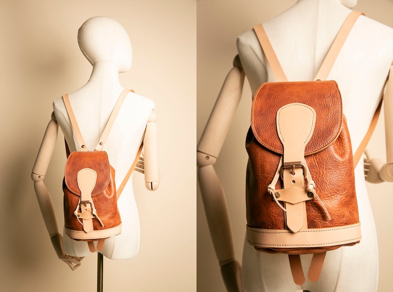 Leather Mini Day Pack Personalize, Gift for Her, Gift for Him, Made in Portland, Oregon, USA. Handcrafted Leather Vintage Backpack. 画像 2