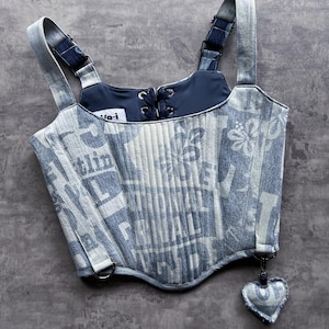 Reworked Denim Corset/ Bustier, One of a kind, Upcycled, ESTI Blue denim Size S-M | NIOI
