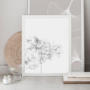 May include: Two framed black and white botanical prints, one with a ginkgo leaf design and the other with a delicate flower design, are displayed on a white wall. The prints are leaning against a white bed frame.