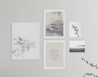Set of 5, Gallery Wall Art, Botanical Print Set, Neutral Art Set, Gray Artwork Prints, Poster Bundle Set, Set of Five, Living Room Decor