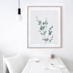 May include: A framed print of a watercolor painting of a eucalyptus branch with green leaves on a white background.