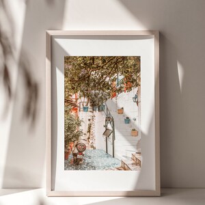 May include: A framed photograph of a narrow, white-walled alleyway in a European city. The alleyway is lined with potted plants and a scooter is parked at the bottom of the steps.