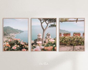 Amalfi Italy Set of 3 Prints, Floral Coastal Art, Mediterranean Wall Art, Ravello Coast Printable, Italian Coastline, Pink Flowers in Italy