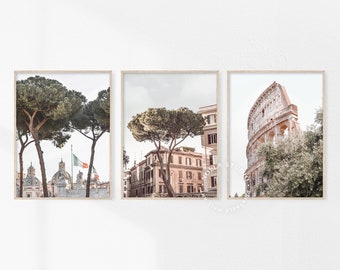 May include: Three framed prints of Rome, Italy. The first print shows a view of the city with two trees in the foreground. The second print shows a view of a street with a tree in the foreground. The third print shows a view of the Colosseum.