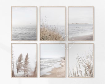 Küsten 6er Set, Strand Wandkunst, Pampasgras, 6er Set Drucke, Galerie Wanddruck, Strand Haus Dekor, Boho Wand Kunst Set, Modern Neutral