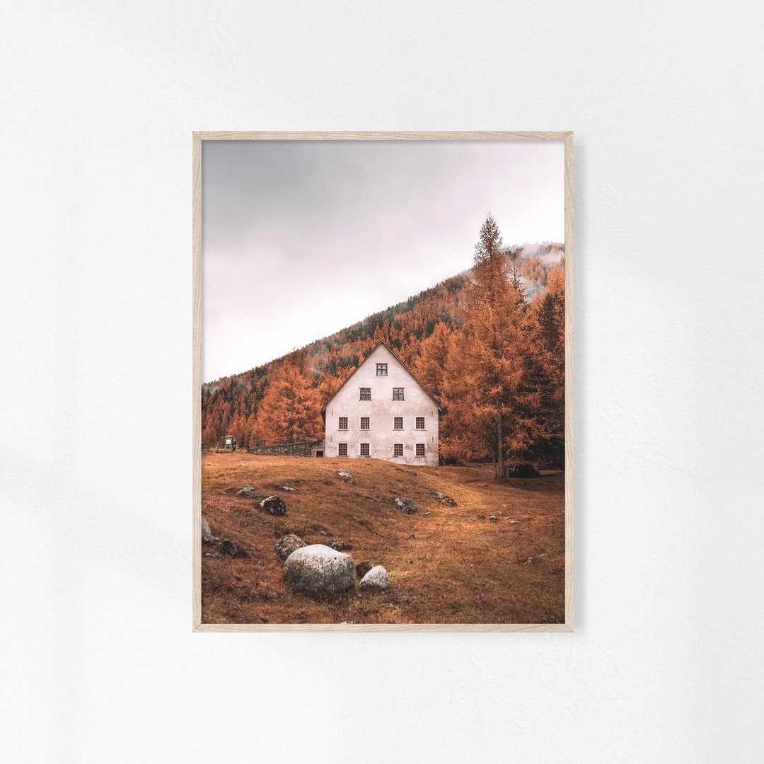 Autumn Mountain Cabin Wall Art, Farmhouse Prints, Fall Poster Art