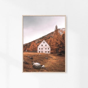 Herbst Berghütte Wandkunst, Bauernhaus Drucke, Herbst Poster Kunst, Wald Wand Kunst Druck, Herbst Bäume druckbar, Gemütlicher Herbst, Nordischer Druck
