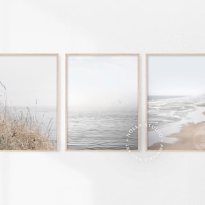 Puede incluir: Conjunto de tres impresiones enmarcadas que presentan escenas de playa minimalistas. La primera impresi&oacute;n muestra hierbas altas en primer plano con un oc&eacute;ano brumoso en el fondo. La segunda impresi&oacute;n muestra un oc&eacute;ano tranquilo con algunas aves volando por encima. La tercera impresi&oacute;n muestra una playa de arena con olas rompiendo en la costa.
