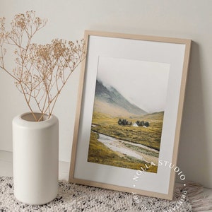 May include: A framed print of a landscape photograph with a mountain range, a river, and a small house in the distance. The print is in a light wood frame and has a white mat. The print is on a white rug with a vase of dried flowers.