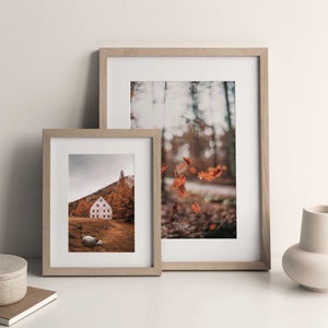 May include: Two framed photographs, one with a white house in a forest setting and the other with a blurry image of falling leaves in a forest. Both frames are light brown wood.
