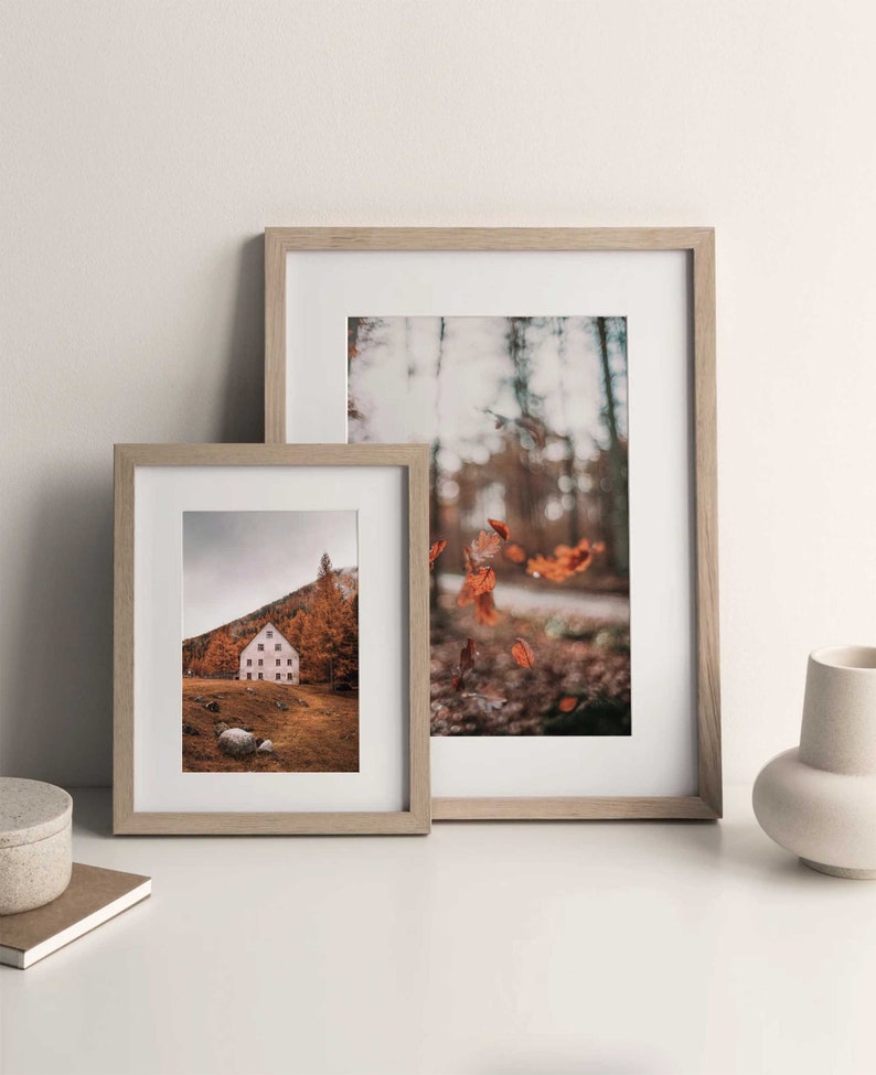 May include: Two framed photographs, one with a white house in a forest setting and the other with a blurry image of falling leaves in a forest. Both frames are light brown wood.