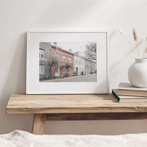 May include: A framed photograph of a row of colorful houses with white trim and a tree in the foreground. The houses are on a street with a sidewalk and a bicycle parked in front of one of the houses.