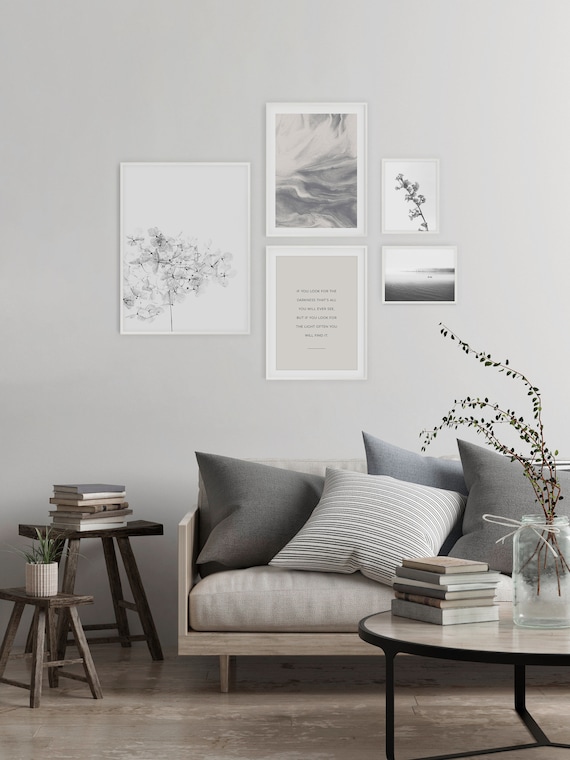 Set of 5, Gallery Wall Art, Botanical Print Set, Neutral Art Set, Gray Artwork Prints, Poster Bundle Set, Set of Five, Living Room Decor