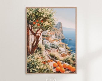 Capri Italy Print, Amalfi Coast Printable, Italy Wall Art, Mediterranean Prints, Coastal Painting, Orange Tree with Oranges,  Capri Island