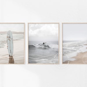 Surf Poster Art, Coastal Gallery Wall, Set of 3 Beach Prints, 3 Piece Wall Art, Calming Ocean Print, Coastal Decor, Surfboard Printable