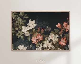 Dark Botanical Vintage Art, Flower Oil Painting, 19th Century Floral, Horizontal Botanical Print, Flower Illustration, Nature Art Printable