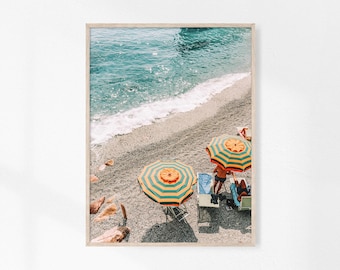 Blue Orange Beach Umbrella Print, Umbrella Printable, Colorful Wall Art, Beach Photography, Summer Trendy Wall Art,Italy Coastal Digital Art