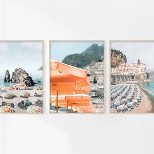 Amalfi Coast Print, Set of 3, Positano Beach Prints, Italy Wall Art, Beach Umbrellas, Coastal Wall Decor, Amalfi Beach Set Printable