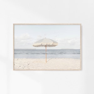 Blue Beach Umbrella Print, Beach Umbrella Printable, Neutral Wall Art, Beach Photography, Summer Neutral Wall Art, Coastal Digital Art