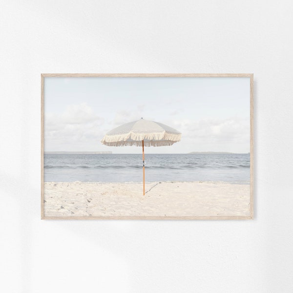 Blue Beach Umbrella Print, Beach Umbrella Printable, Neutral Wall Art, Beach Photography, Summer Neutral Wall Art, Coastal Digital Art