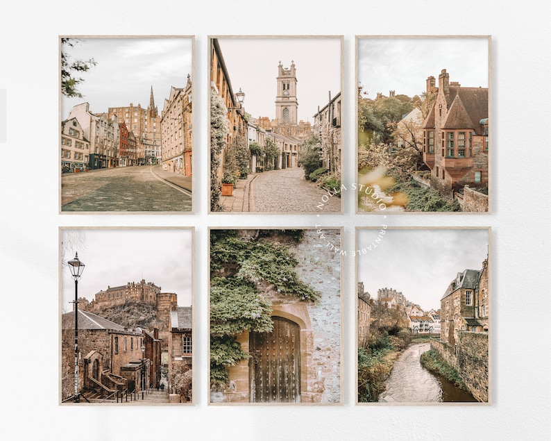 May include: Set of six printable wall art prints featuring various views of Edinburgh, Scotland. The prints showcase the city's historic architecture, cobblestone streets, and lush greenery.