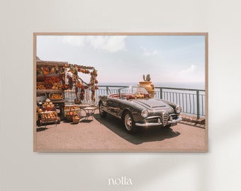 Fruit Market Print, Italian Car, La Dolce Vita, Lemons and Oranges, Italy Printable, Amalfi Coast Positano, Colorful Wall Art, Coastal Decor