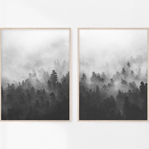 May include: Two black and white framed prints of a foggy forest scene. The prints are hung on a white wall.