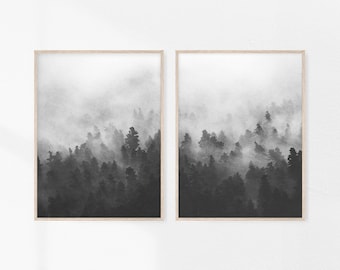 Misty Forest Print, Forest Watercolor Print, 2 Piece Forest, Woodland Forest, Black and White Art, Forest Wall Pine Tree Nature, Set of 2