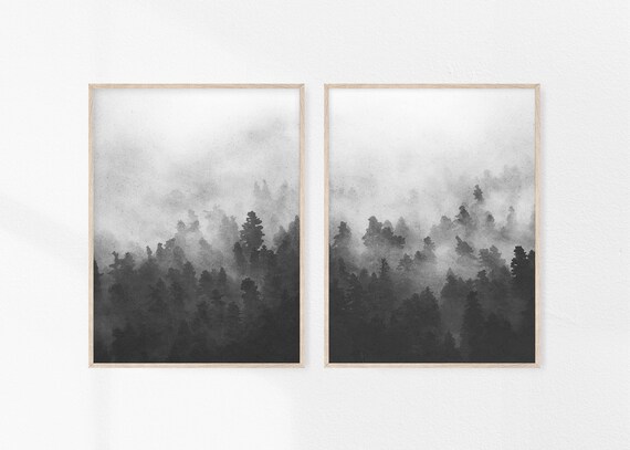Misty Forest Print, Forest Watercolor Print, 2 Piece Forest, Woodland Forest, Black and White Art, Forest Wall Pine Tree Nature, Set of 2