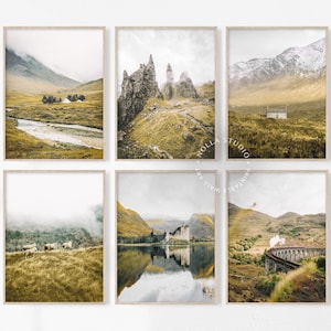 Lot de 6 oeuvres d'art murales Écosse, île de Skye, ensemble mural imprimable de la galerie, photographie de paysage rustique, art mural Lake Mountain, impressions de ferme