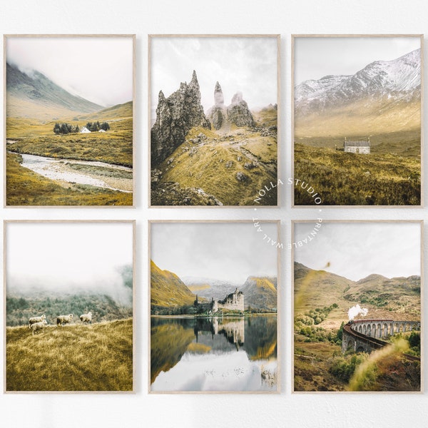 Lot de 6 oeuvres d'art murales Écosse, île de Skye, ensemble mural imprimable de la galerie, photographie de paysage rustique, art mural Lake Mountain, impressions de ferme