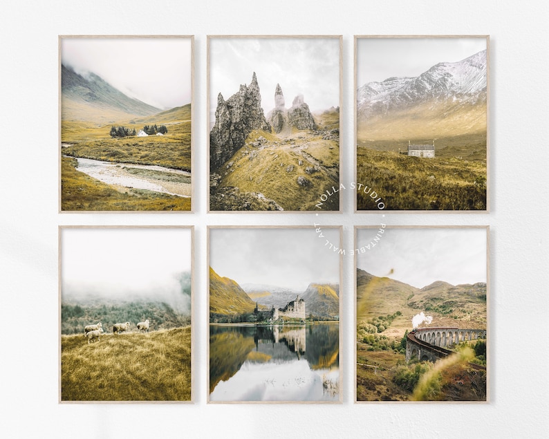 May include: Set of six landscape photography prints featuring scenic views of the Scottish Highlands. The prints showcase rolling hills, misty mountains, a river, a lake, a castle, and a train bridge.