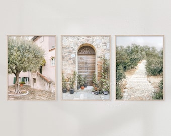 May include: Three framed prints of Italian architecture. The first print shows a pink building with a stone walkway and a green olive tree. The second print shows a stone archway with a wooden door and potted plants. The third print shows a stone path leading up a hill through a grove of trees.