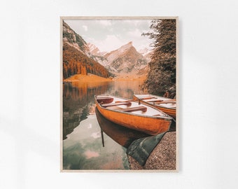 Autumn Lake Paint, Fall Landscape Wall Decor, Farmhouse Wall Art, Lake and Orange Boats Printable, Nature Photography, Autumn Colors