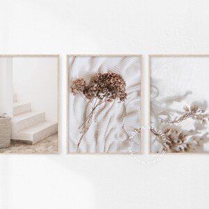 May include: Three framed prints with a minimalist aesthetic. The first print shows a white wicker basket and a set of white stairs. The second print features a bouquet of dried brown flowers on a white textured background. The third print shows a dried branch with white fluffy flowers on a white background.