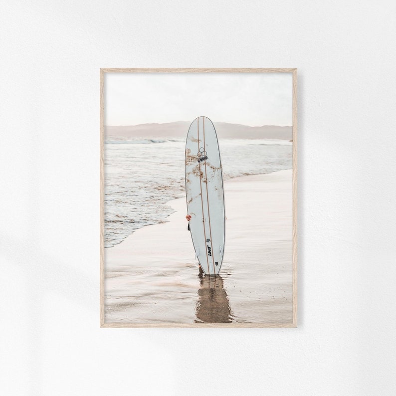 Surfboard Print, Surfing Poster, Sand Beach Poster, Minimalist Surfer, Calming Wall Art, Coastal Printable, California Surf Art, Summer Art image 1