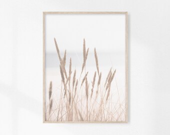 Küstenwandkunst, Stranddruck, Getrocknetes Gras, Pastellmeerwandkunst, Küstenwandkunst-Set, Pampasgras, moderne minimalistische Kunst Beige Hygge Kunst